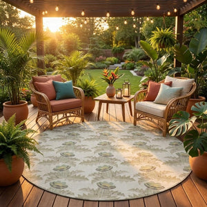 8 Foot Round Floral Polyester Area Rug Washable Indoor Outdoor Ivory Brown