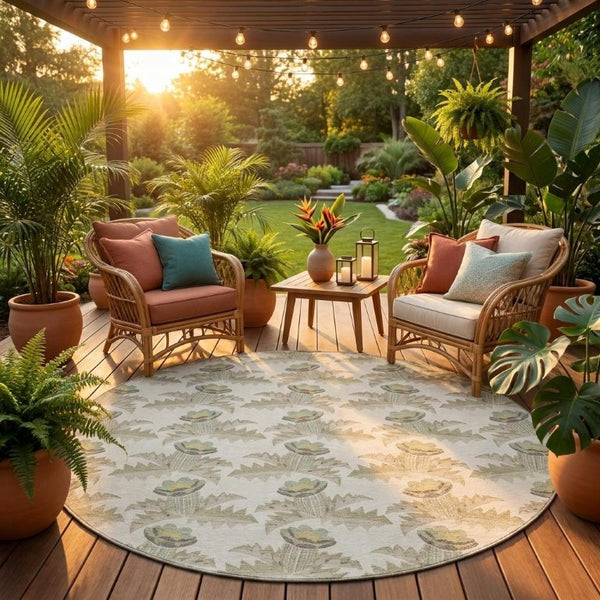 8 Foot Round Floral Polyester Area Rug Washable Indoor Outdoor Ivory Brown