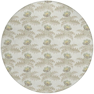 HomeRoots 8 Foot Round Floral Polyester Area Rug Washable Indoor Outdoor Ivory Brown 736494