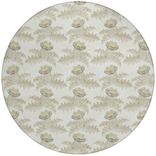 HomeRoots 8 Foot Round Floral Polyester Area Rug Washable Indoor Outdoor Ivory Brown 736494