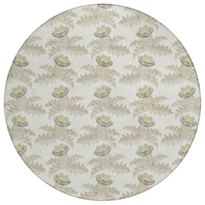 8 Foot Round Floral Polyester Area Rug Washable Indoor Outdoor Ivory Brown