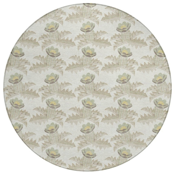 8 Foot Round Floral Polyester Area Rug Washable Indoor Outdoor Ivory Brown
