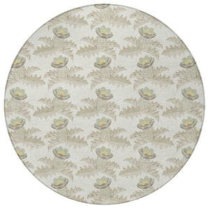 8 Foot Round Floral Polyester Area Rug Washable Indoor Outdoor Ivory Brown
