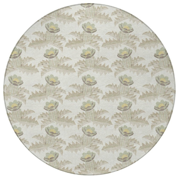 8 Foot Round Floral Polyester Area Rug Washable Indoor Outdoor Ivory Brown