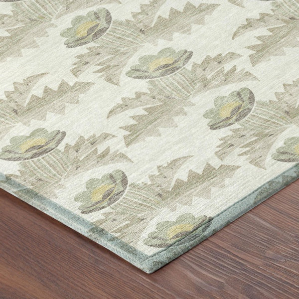 8 Foot Round Floral Polyester Area Rug Washable Indoor Outdoor Ivory Brown
