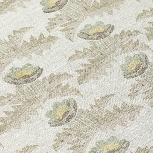 8 Foot Round Floral Polyester Area Rug Washable Indoor Outdoor Ivory Brown