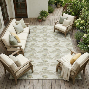 10 X 14 Floral Polyester Area Rug Washable Stain Resistant Indoor Outdoor Ivory