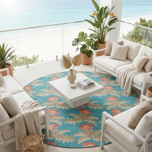 8 Ft Round Floral Polyester Rug Washable Indoor Outdoor Patio Porch Family Room