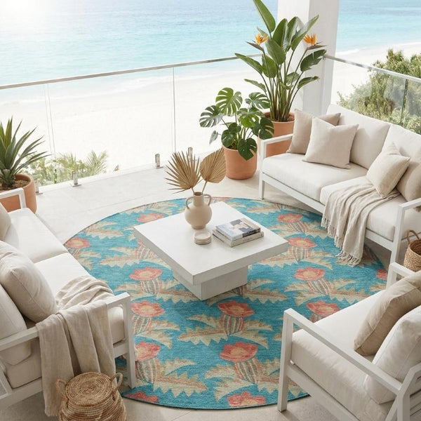 8 Ft Round Floral Polyester Rug Washable Indoor Outdoor Patio Porch Family Room