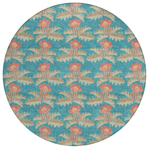 HomeRoots 8 Ft Round Floral Polyester Rug Washable Indoor Outdoor Patio Porch Family Room 736500