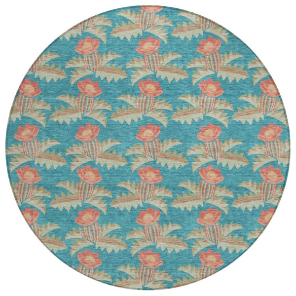 HomeRoots 8 Ft Round Floral Polyester Rug Washable Indoor Outdoor Patio Porch Family Room 736500