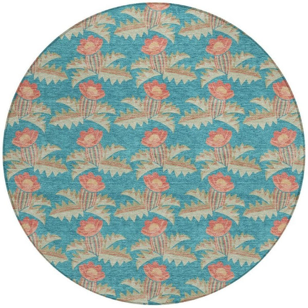 8 Ft Round Floral Polyester Rug Washable Indoor Outdoor Patio Porch Family Room