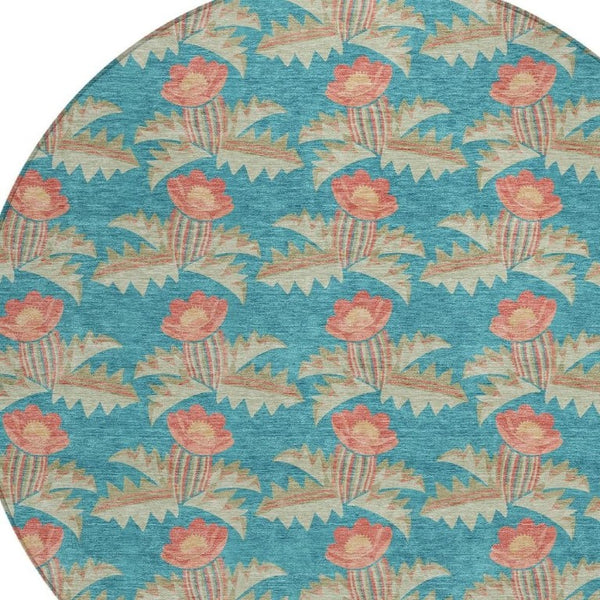 8 Ft Round Floral Polyester Rug Washable Indoor Outdoor Patio Porch Family Room