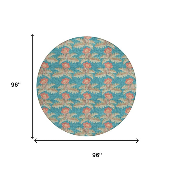 8 Ft Round Floral Polyester Rug Washable Indoor Outdoor Patio Porch Family Room