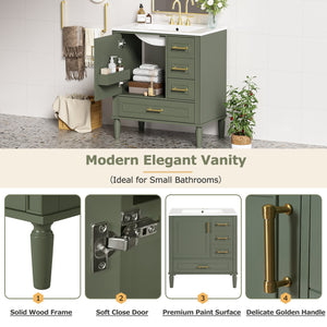 English Elm 30" Elegant Bathroom Vanity with Ceramic Sink, Soft-Close Door & 3 Drawers, Gold Handles, Durable Finish Olive Green N729P184479O