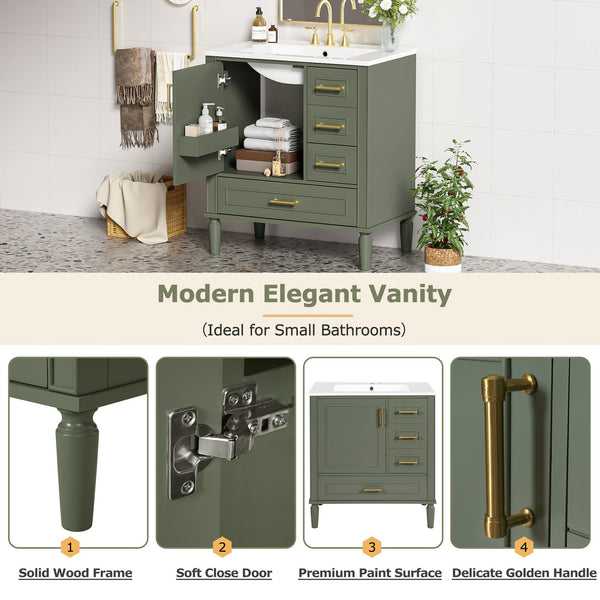 English Elm 30" Elegant Bathroom Vanity with Ceramic Sink, Soft-Close Door & 3 Drawers, Gold Handles, Durable Finish Olive Green N729P184479O