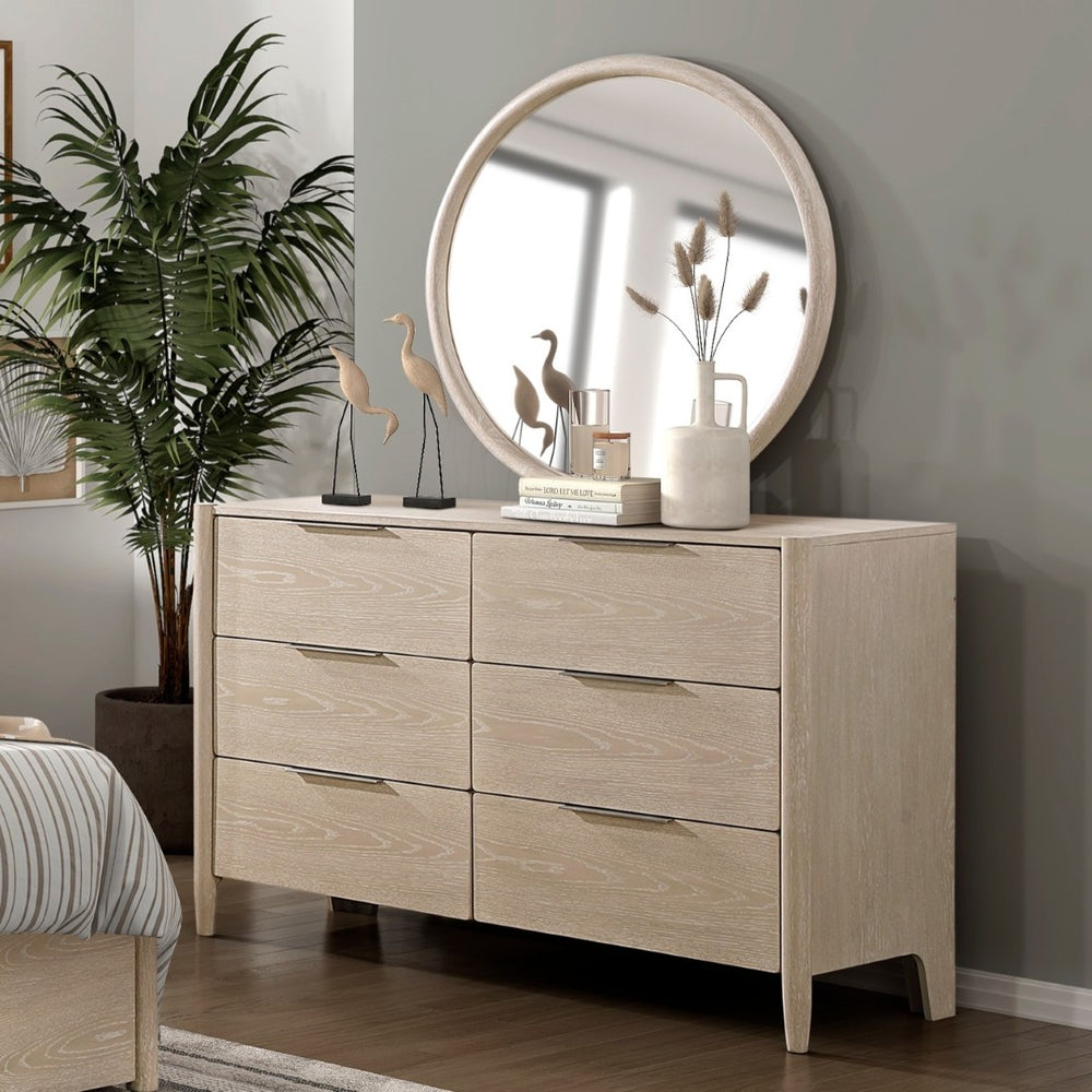 English Elm Modern Six Drawer Oak Veneer Dresser with Round Mirror Ceruse Finish Bedroom Set B011S02361