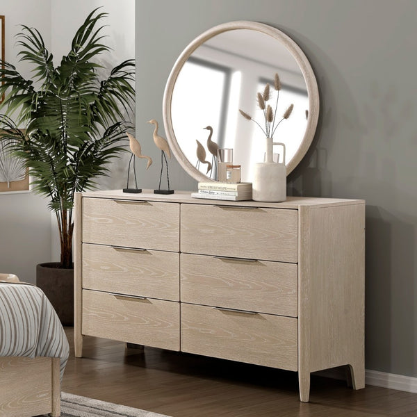 English Elm Modern Six Drawer Oak Veneer Dresser with Round Mirror Ceruse Finish Bedroom Set B011S02361