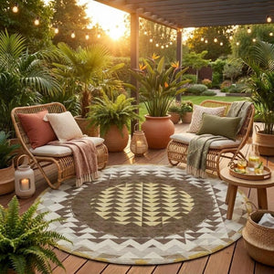8 Foot Round Geometric Polyester Rug Washable Stain Resistant Indoor Outdoor Patio