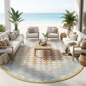 8 Ft Round Geometric Polyester Area Rug Washable for Indoor Outdoor Spaces