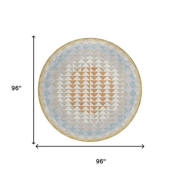 8 Ft Round Geometric Polyester Area Rug Washable for Indoor Outdoor Spaces