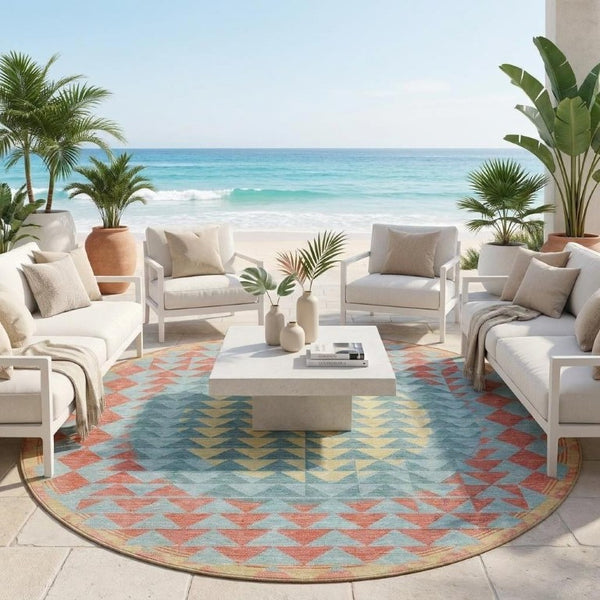 8 Foot Round Geometric Polyester Area Rug Teal Gray Washable for Indoor Outdoor Use