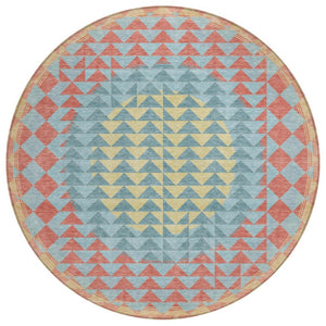 HomeRoots 8 Foot Round Geometric Polyester Area Rug Teal Gray Washable for Indoor Outdoor Use 736536