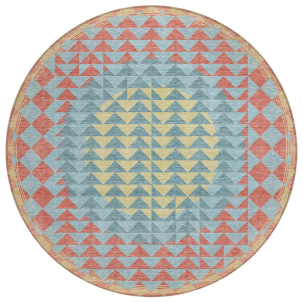 HomeRoots 8 Foot Round Geometric Polyester Area Rug Teal Gray Washable for Indoor Outdoor Use 736536
