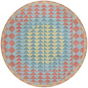 8 Foot Round Geometric Polyester Area Rug Teal Gray Washable for Indoor Outdoor Use