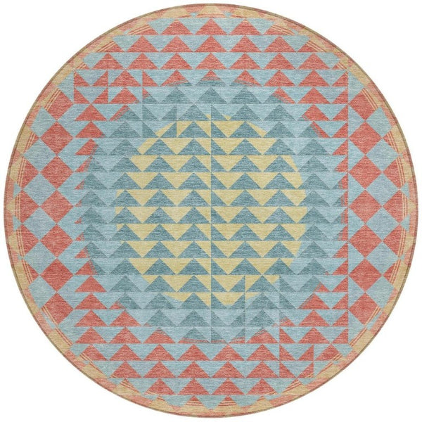 8 Foot Round Geometric Polyester Area Rug Teal Gray Washable for Indoor Outdoor Use