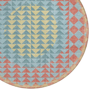 8 Foot Round Geometric Polyester Area Rug Teal Gray Washable for Indoor Outdoor Use