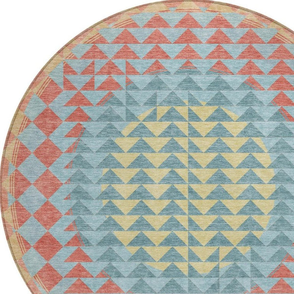 8 Foot Round Geometric Polyester Area Rug Teal Gray Washable for Indoor Outdoor Use
