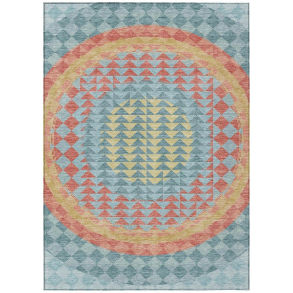 HomeRoots 8 X 10 Teal Geometric Polyester Area Rug Washable Stain Resistant for Patio or Living Room 736537