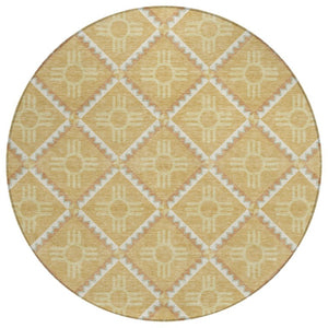 HomeRoots 8 Foot Round Geometric Polyester Rug Washable Indoor Outdoor Gold Brown Patio 736554