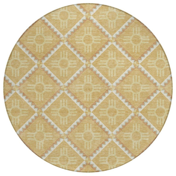 HomeRoots 8 Foot Round Geometric Polyester Rug Washable Indoor Outdoor Gold Brown Patio 736554