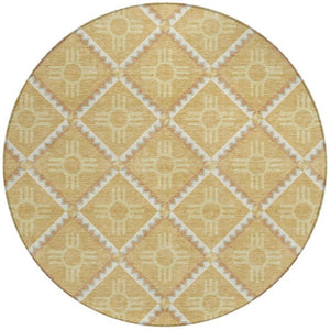 8 Foot Round Geometric Polyester Rug Washable Indoor Outdoor Gold Brown Patio