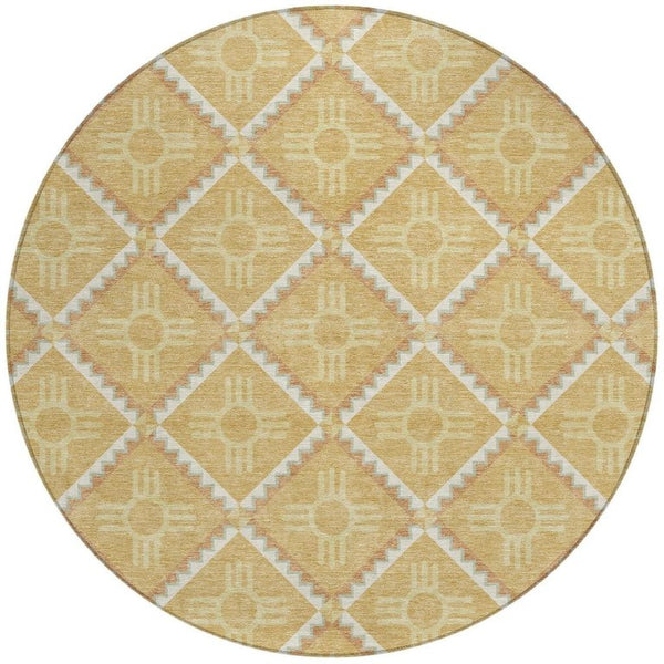 8 Foot Round Geometric Polyester Rug Washable Indoor Outdoor Gold Brown Patio