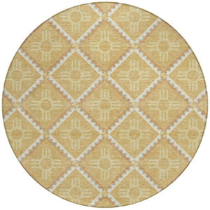 8 Foot Round Geometric Polyester Rug Washable Indoor Outdoor Gold Brown Patio