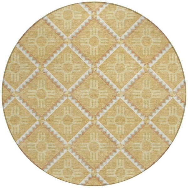 8 Foot Round Geometric Polyester Rug Washable Indoor Outdoor Gold Brown Patio