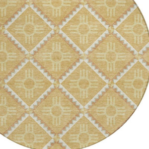 8 Foot Round Geometric Polyester Rug Washable Indoor Outdoor Gold Brown Patio