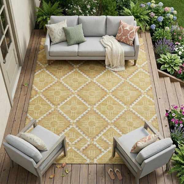 8 X 10 Gold Brown Geometric Polyester Area Rug Washable for Patio or Living Room
