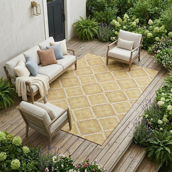 9x12 Gold Brown Geometric Polyester Area Rug Stain Resistant Indoor Outdoor Use
