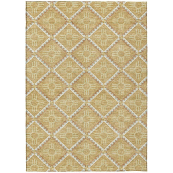 HomeRoots 9x12 Gold Brown Geometric Polyester Area Rug Stain Resistant Indoor Outdoor Use 736556