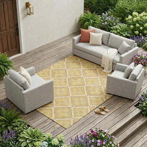 10 X 14 Gold Brown Geometric Polyester Rug Washable for Indoor Outdoor Spaces
