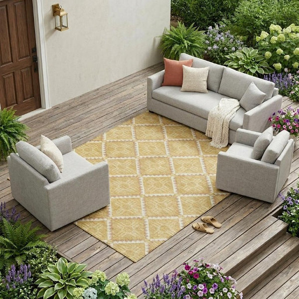 10 X 14 Gold Brown Geometric Polyester Rug Washable for Indoor Outdoor Spaces