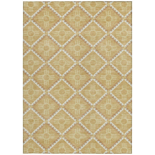 10 X 14 Gold Brown Geometric Polyester Rug Washable for Indoor Outdoor Spaces