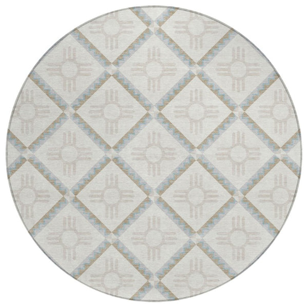 HomeRoots 8 Ft Round Geometric Polyester Area Rug Washable Indoor Outdoor Pet Friendly 736560