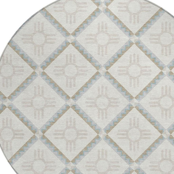 8 Ft Round Geometric Polyester Area Rug Washable Indoor Outdoor Pet Friendly