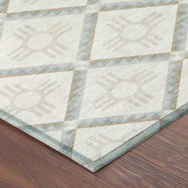 10 X 14 Geometric Polyester Area Rug Washable Indoor Outdoor Ivory Stain Resistant
