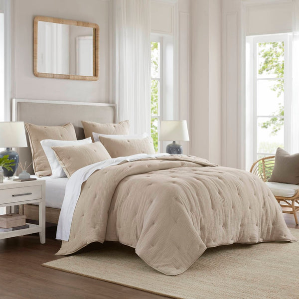 English Elm 3-piece King Cotton Muslin Quilt Set Crinkle Texture Embroidered Farmhouse Bedding B035P408350
